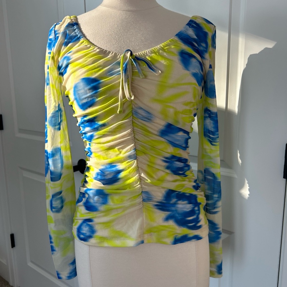 $235 GANNI sz 38 US M Ruched Mesh Floral Print Top